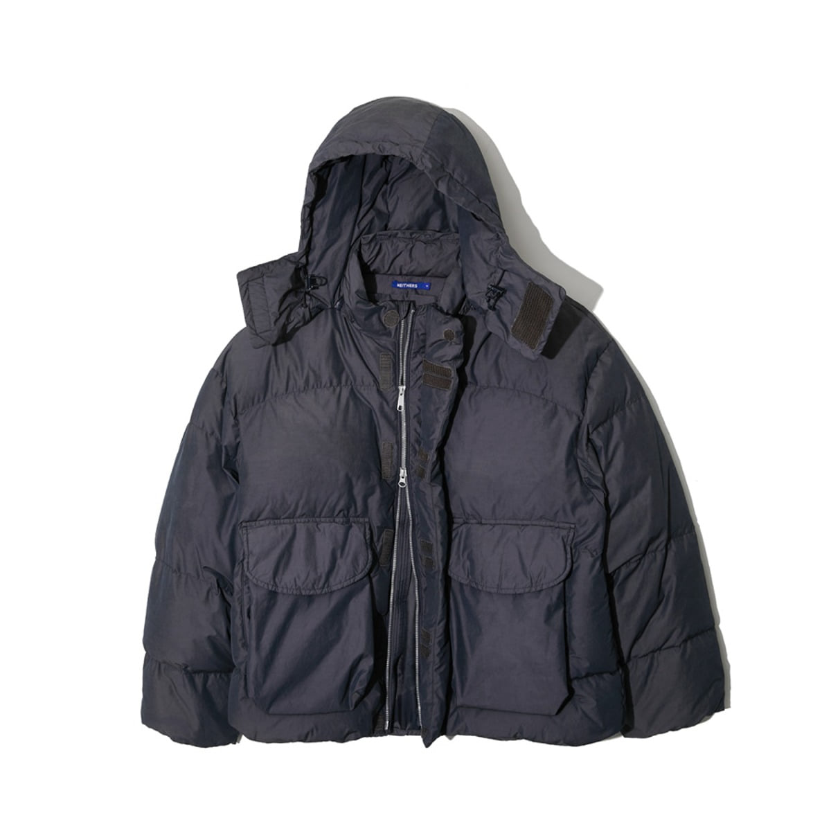 DISCOLORED GOOSE DOWN DETACHABLE HOODED JACKET (NAVY)
