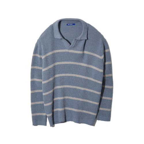 OPEN COLLAR S/S BOUCLE KNIT SWEATER (BLUE)